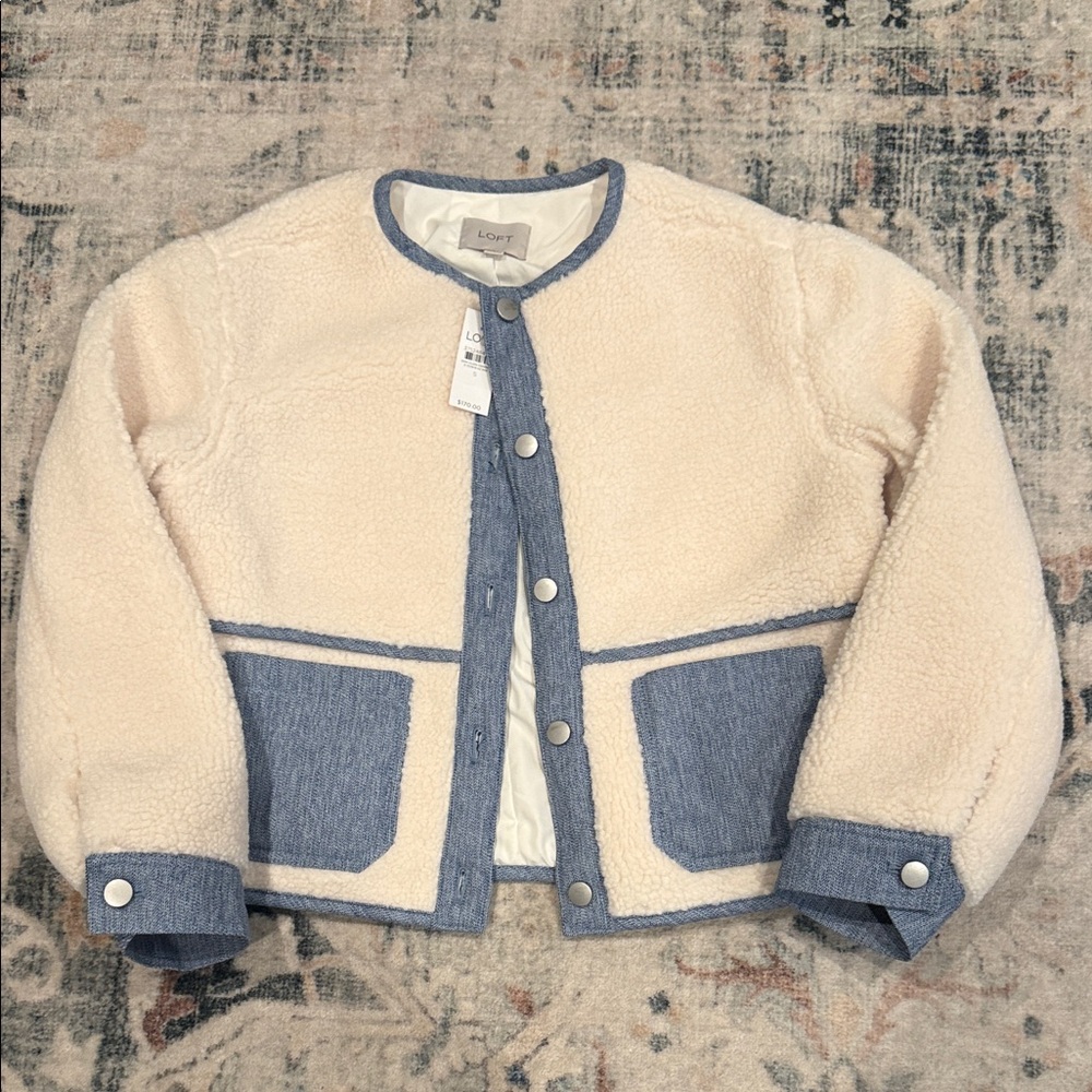 LOFT Cream Teddy Jacket with Blue Accents